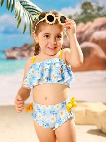 Adorable Girls' Two-Piece Bikini Set With Daisy Print And Ruffle Detailing Perfect For Summer Beach Fun - Multicolor - View 5
