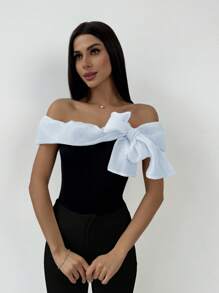 Firerie Women's Sleeveless Contrast Color Bodysuit With Off Shoulder Design - Baby Blue - View 6