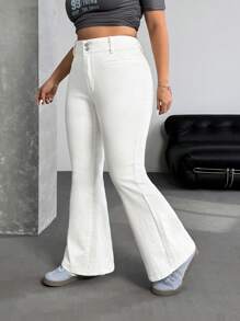 SHEIN ICON Plus Size Casual Versatile Solid Color Slim-Fit Flared Jeans - White - View 4
