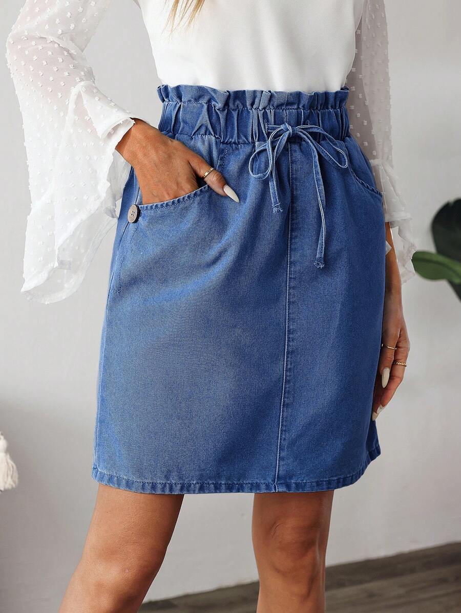 EMERY ROSE Women's Summer Casual Drawstring Waist Denim Mini Skirt - Medium Wash - View 1