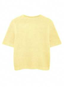 INAWLY Top maille ample femme col rond manches courtes couleur unie - Jaune citron - Voir 2