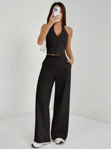 SHEIN PETITE Spring/Summer Office Lady V-Neck Sleeveless Top With Open Back & Wide Leg Pants, Slimming And Lengthening Outfit For Streetwear