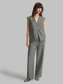 Ontre 2025 Summer New Grey Wide Shoulder Double Lip Pocket Design Front Closure Sleeveless Jacket For Women, Business Casual Daily Commute Elegant Beachwear For Wedding Guests, Country Music Concerts, Brunch, Airport, 90s Retro Stockholm, American Independence Day