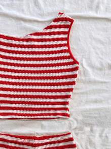 Soleia (No Chest Padding)Plus Size Women Red And White Stripe Knit Asymmetrical Neck Top & Low Waist Skinny Shorts 2 Pieces Set, - Red and White - View 4
