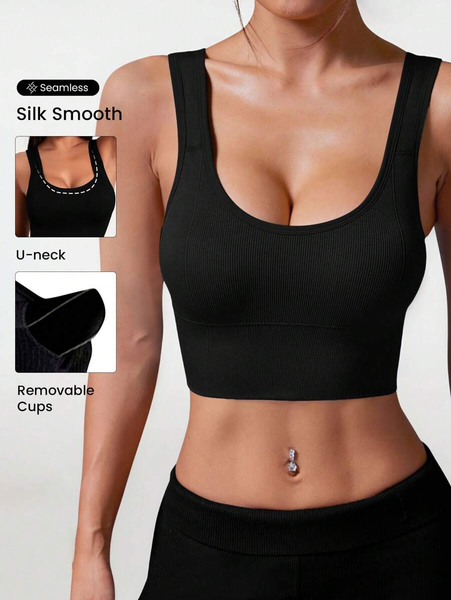 Easithlete Solid Ribbed Knit Sports Push Up Bra - Black - View 1