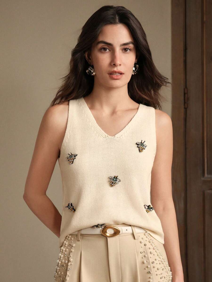 Anewsta Áo thun ba lỗ cổ chữ V đính đá ong trang trí thanh lịch, Xuân/Hè - Màu be - Xem 1