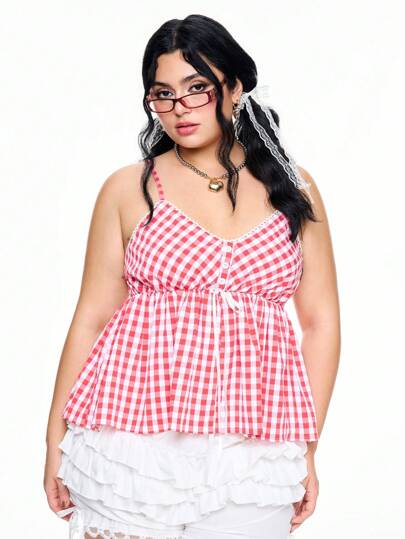 Kawaii Tuta estiva casual con vita segnata in vita, a quadri, per taglie comode