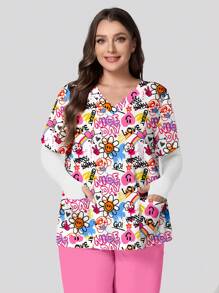 PopScrub Camisa de uniforme para enfermera/médico/examen médico/peluquero de mascotas/nutricionista/laboratorio de talla grande para mujer con cuello en V, manga corta, doble bolsillo, lazo para la oreja, estampado colorido y minimalista de dibujos animados y gráficos, camisa de uniforme de trabajo funcional con múltiples bolsillos