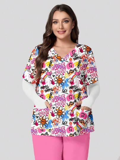 PopScrub 大码女式 V 领短袖双口袋耳环可爱卡通彩色涂鸦简约吉祥印花护士制服衬衫/医生制服衬衫/检查手术制服衬衫/纯色宠物美容师制服衬衫/营养师制服短袖衬衫/实验室工作衬衫，多口袋功能工作制服衬衫