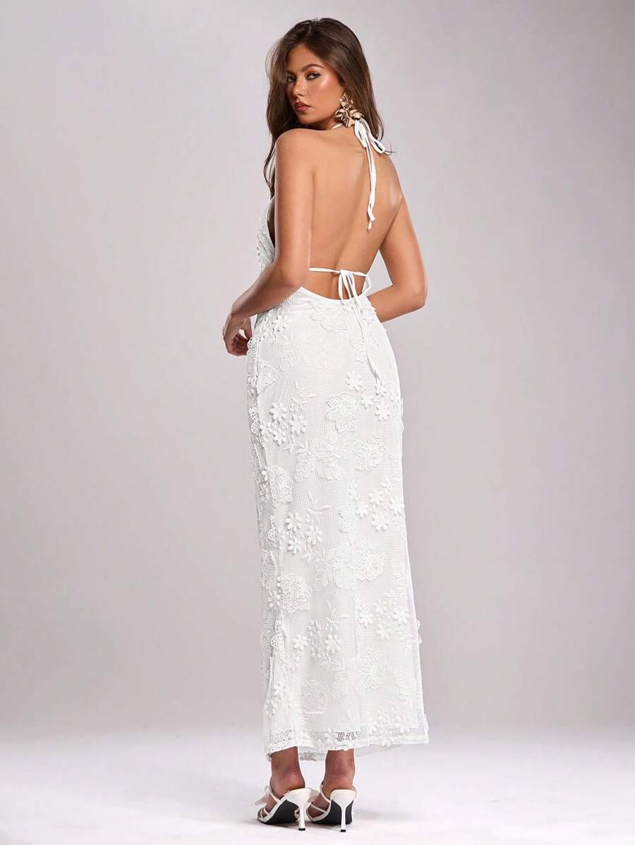 SHEIN BAE 女士春夏浪漫优雅度假性感露背白色钩针简约长款假日连衣裙、波西米亚风女装、女士婚礼宾客礼服、女士沙滩装、女士巡航装、露背连衣裙、全白女士装、白色新娘送礼会礼服、白色毕业礼服 - 白色 - 查看 1