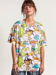 Nick 90s X SHEIN Women's Summer Spring Cartoon Pattern White Oversized T-Shirt, Unisex Gyaru Daily Casual Outing Wear