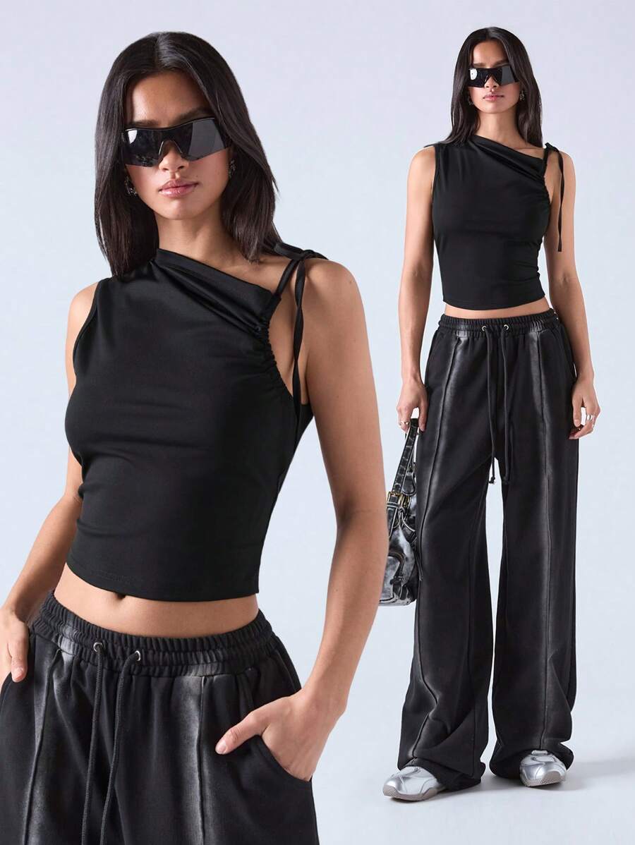 LYSMO Women Solid Color Asymmetrical Neck Cropped Form-Fitting Fashionable Tank Top - Black - View 1