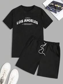 SHEIN Cottnline Men Letter Print Regular T-Shirt & Pants Two-Piece - Black - View 1