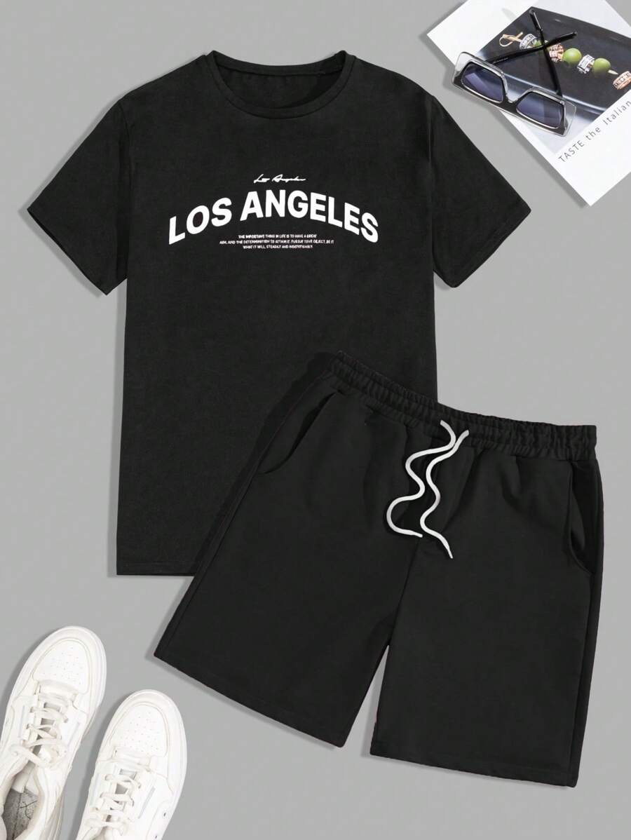 SHEIN Cottnline Men Letter Print Regular T-Shirt & Pants Two-Piece - Black - View 1
