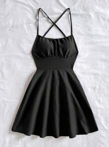 SHEIN WYWH Đầm đen hở lưng mini dây chéo đỏ gợi cảm - màu đen - Xem 6