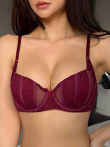 DAZY Semi-Sheer Lace Padded Sexy Bra Lingerie For Women - Red Violet - View 6