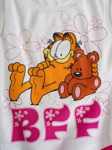 GARFIELD | SHEIN Tween Girl Cartoon Bear & Floral Printed White Casual Tank Top & Pink Cute Shorts Sports Set - Pink - View 5