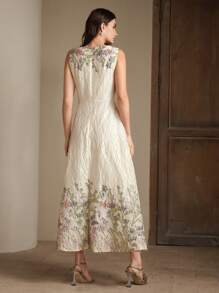 Anewsta Women's Elegant Romantic Date/Party Embroidered Floral Sleeveless Dress, Ideal For Spring & Summer, Casual Vacation, Festival, Wedding Guest - Apricot - View 4