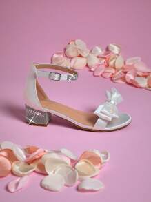 Mini mi Girl's Rhinestone Bow Ankle Strap Round Toe Block Heel Elegant Pearl White Sandals - Chic, Stylish & Comfortable - White - View 4