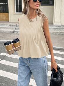 SHEIN Frenchy Áo cánh không tay xếp ly màu trơn thanh lịch cho nữ, mùa hè - Màu be - Xem 3