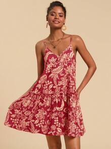 Travachic 女式编织复古印花荷叶边下摆吊带迷你连衣裙