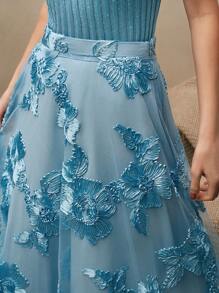 Anewsta 春夏度假节日新款复古优雅百搭花卉刺绣网眼高腰A字裙，秋春女裙 - 淺藍色 - 查看 2