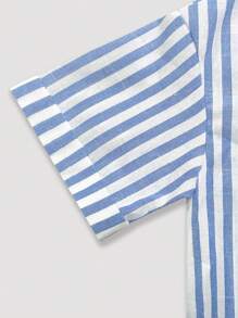 Elamini 条纹短款宽松休闲女式大码卷边袖衬衫，亚麻质地女式衬衫 - 藍白色 - 查看 5