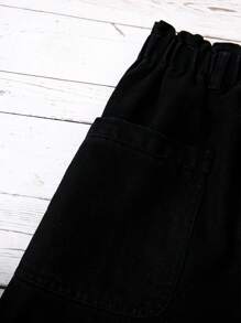 Quần short denim cạp cao rộng rãi màu đen cho bé gái tuổi teen có thiết kế viền tua rua, đa năng và thời trang để mặc hàng ngày - màu đen - Xem 4