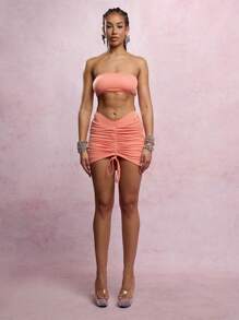 SUMWON WOMEN Ruched Drawstring Beach Skirt Mini Cover Up Swimsuit Bottom Ribbed Crinkle Jersey Summer Vacation Poolside Resort Wear Adjustable Length Sarong - Orange - View 5