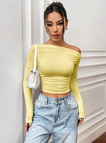 SHEIN Unity Casual Solid Color Asymmetric Neck Ruched Slim Crop Top - Yellow - View 1