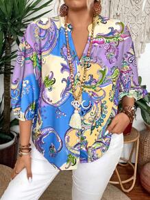 Plus Size Paisley Print Notched Neck Casual Holiday Shirt - Blue - View 5