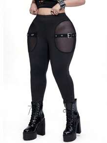 Whyspr Casual Punk Gothic Punk Hollow-Out Mesh Elastic Waist Casual Solid-Color Leggings