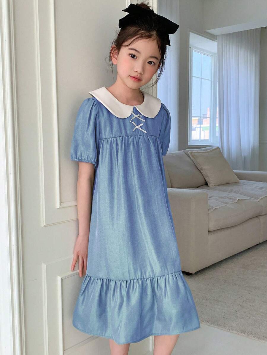 DAZY 青少年女孩拼色娃娃脸和蝴蝶结装饰梭织短袖连衣裙，夏季，返校服装 - 藍色 - 查看 1