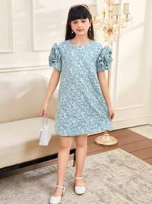 SHEIN Vestido de princesa de manga corta para niñas preadolescentes con impresión floral 3D de unicolor - verde menta - Ver 4
