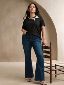 Anewsta 大码女式圆领T恤，带仿珍珠蝴蝶装饰，夏季，休闲，节日，早午餐，假日，优雅