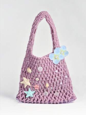 Fairycore 1 pieza Bolso de playa de estilo vacacional de primavera/verano con diseño de conchas marinas y estrellas de mar trenzadas de color púrpura claro, accesorio de DIY para bolso de mano de mujer (incluye 1 bolso y 1 juego de accesorios)