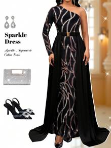 SHEIN Lady Vestido asimétrico con cuello brillante para mujer para fiestas - Multicolor - Ver 1