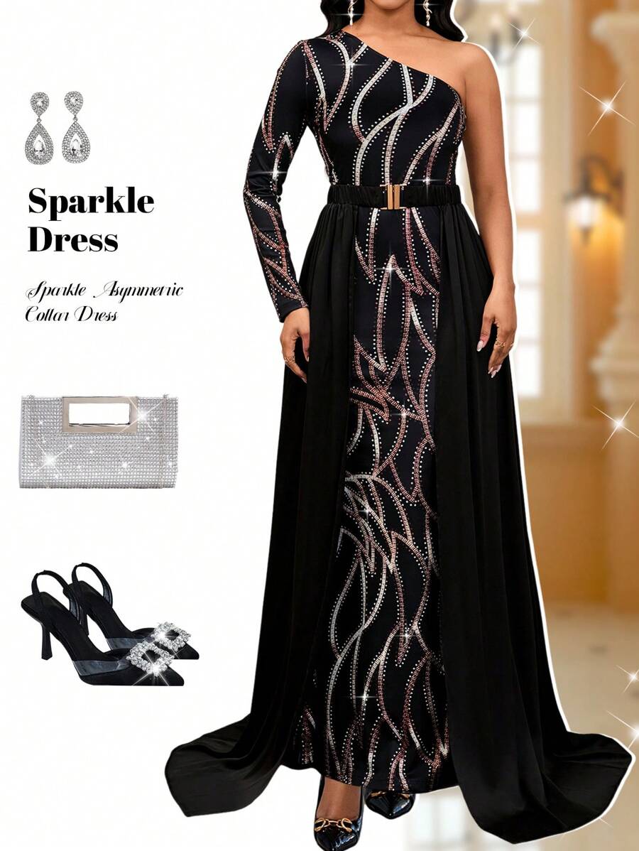 SHEIN Lady Đầm dự tiệc lấp lánh cổ bất đối xứng thời trang nữ - Nhiều màu - Xem 1