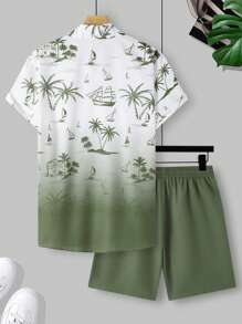 Manfinity RSRT Set di camicia a maniche corte e pantaloncini con stampa sfumata di palme, adatto per vacanze e spiaggia, outfit comodi - Multicolore - Visualizzare 2