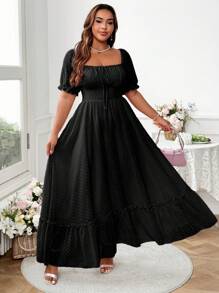 Flirla Plus Size Sweet Romantic Pink Square Neck Bowknot Ruffle Hem Long Dress Easter Wear - Black - View 3