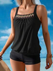 Swim Lushoire Women Geometric Elastic Strap Camisole Bikini Top For Summer Beach Vacation - Black - View 5