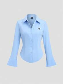 TRNVIE Women Embroidery Decor Waist-Cinched Bell Sleeve Shirt Fall Cloth For Women - Blue - View 4