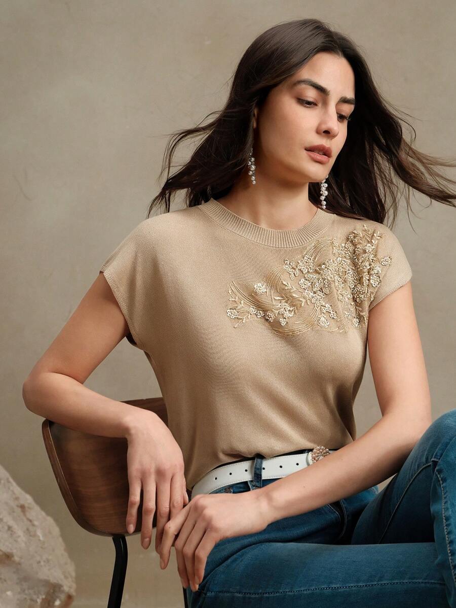 Anewsta Elegant Round Neck Embroidered Short Sleeve T-Shirt, Spring/Summer Knit Top, Valentine's Day, Summer Vacation, New Year's - Khaki - View 1