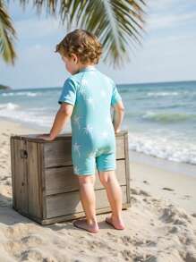 SHEIN Bañador de una pieza con estampado de tortuga marina para bebés y niños pequeños, para verano, playa, piscina, ropa de baño para bebé/niño pequeño - Neblina azul - Ver 2