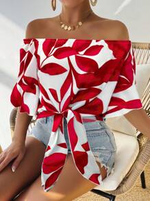 Breezaya Women's Summer Vacation Hawaiian Style Print Off Shoulder Sleeveless Blouse - Red - View 1