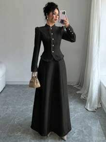 Elenzga 2 件套：女士优雅拼接流苏夹克和裙子 - 黑色 - 查看 1