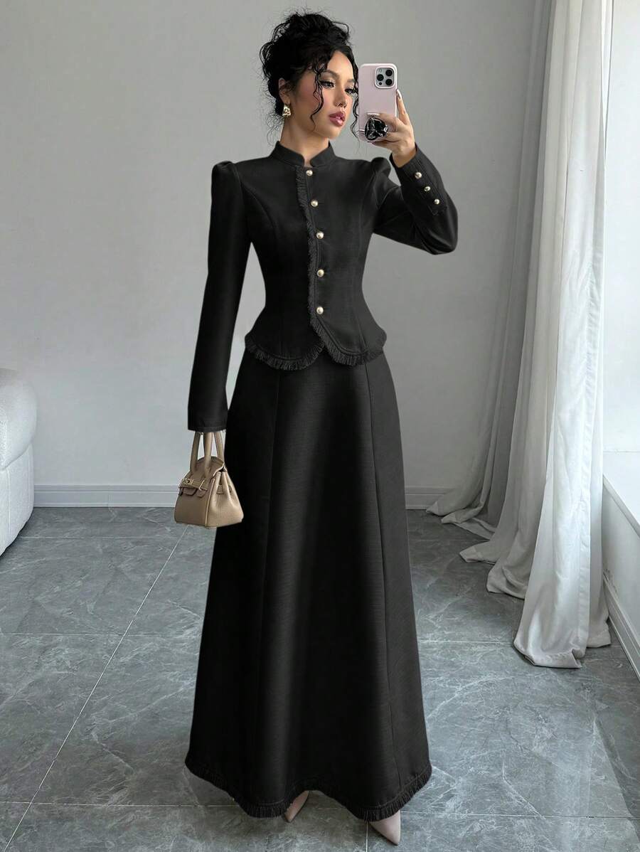 Elenzga 2 件套：女士优雅拼接流苏夹克和裙子 - 黑色 - 查看 1