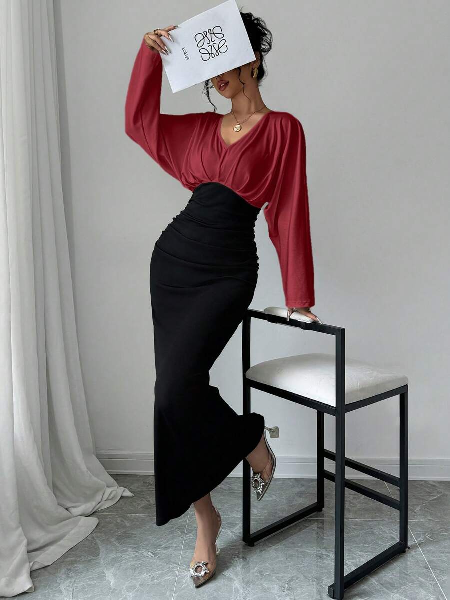 Firerie Women Elegant Color Block Batwing Sleeve Dress Red - Burgundy - View 1