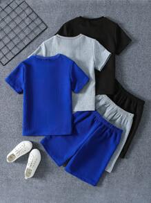 2pcs/Set Boys Crown & Letter Print Plain Texture Round Neck Short Sleeve T-Shirt & Shorts Set, 3-Piece Outfit, Suitable For Summer, School, Campus, College - Multicolor - View 2
