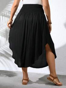 SHEIN LUNE Plus Size Solid Shirred Waist Curved Hem Skirt Maxi Vacation Beach Outfits Women